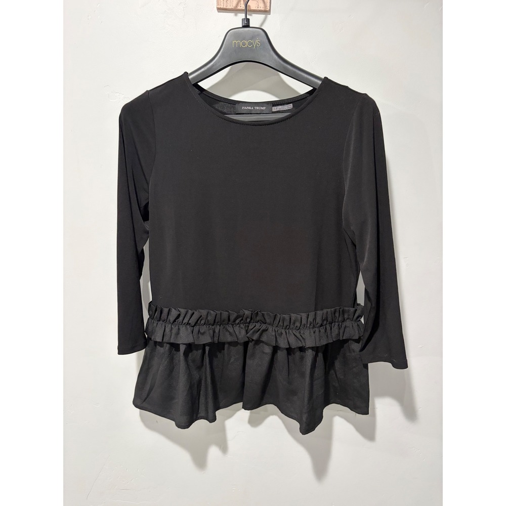 Ivanka Trump Womens Black Long Sleeve Peplum Ruffle Hem Blouse Top Size S